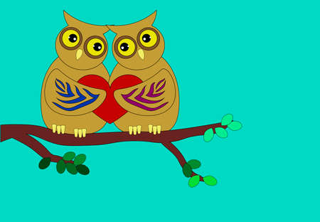 Two cute owls sit on a tree branchのイラスト素材