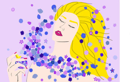 Beautiful girl shrouded in lilac flowers. Vector illustrationのイラスト素材