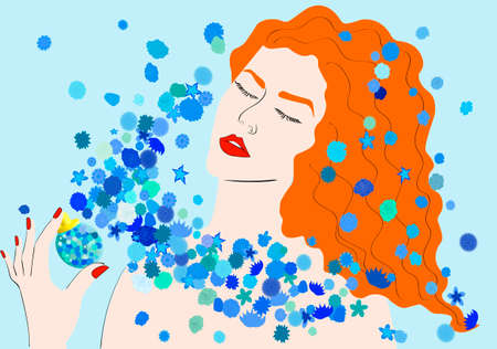 Beautiful girl shrouded in blue flowers. Vector illustrationのイラスト素材