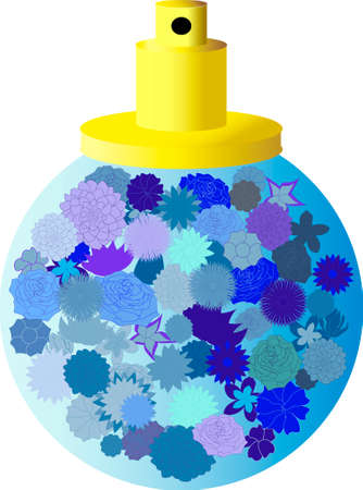 Beautiful perfume bottle filled with blue flowers. Vector illustrationのイラスト素材