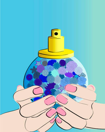 Hands holding perfume bottle filled with various blue flowers. Vector illustrationのイラスト素材