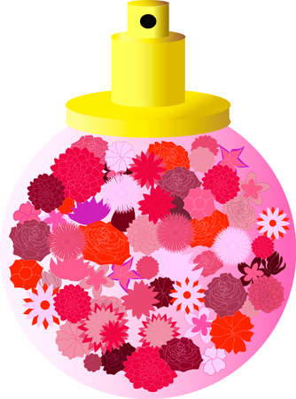 Beautiful perfume bottle filled with pink and red flowers. Vector illustrationのイラスト素材