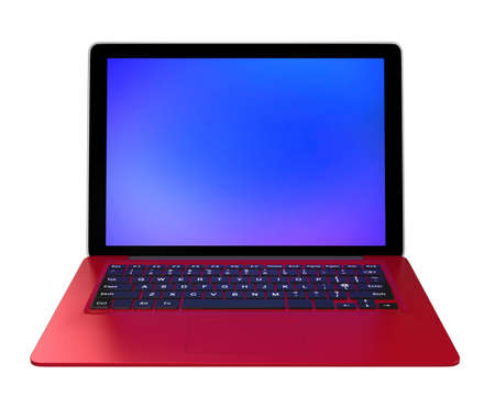 A red ultra slim laptop computerの写真素材