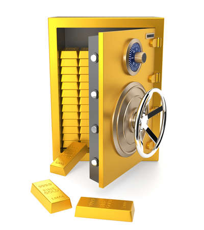 An opened home safe with gold bars insideの写真素材