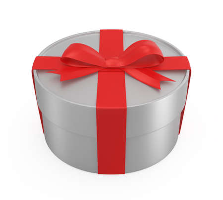 Silver gift box with red bowの写真素材