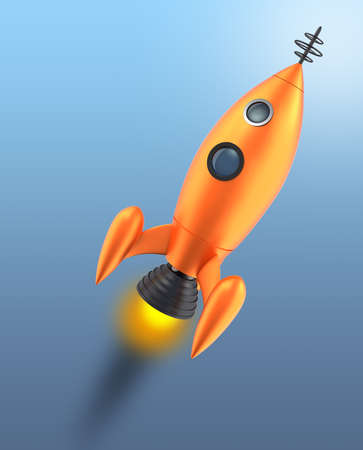 Retro toy rocket taking off to space with clipping pathの写真素材