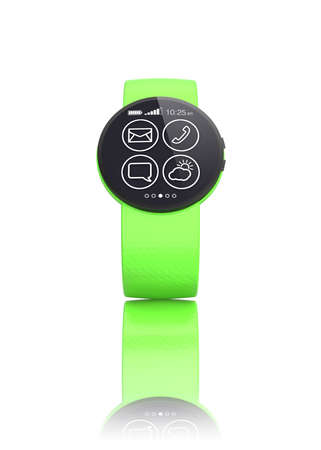 Smart watch with green watch band isolated on white backgroundの写真素材
