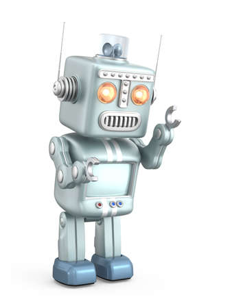 Vintage robot standing in curious  Isolated on white backgroundの写真素材