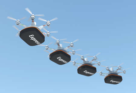 Row of drones carrying containers  for fast delivery conceptの写真素材