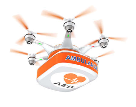 Drone carrying AED medical kit for emergency medical care conceptの写真素材