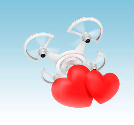 Quadcopter carrying heart mark for fast love message delivery conceptの写真素材