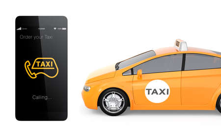 Yellow taxi and smart phone for mobile taxi order service conceptの写真素材