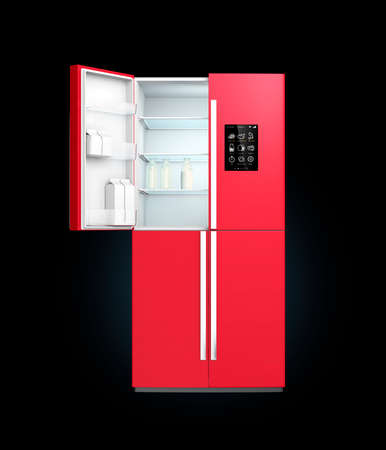 Wine red color smart refrigerator with LCD screen. People can know what need to buy next. Concept  of IoT.の写真素材