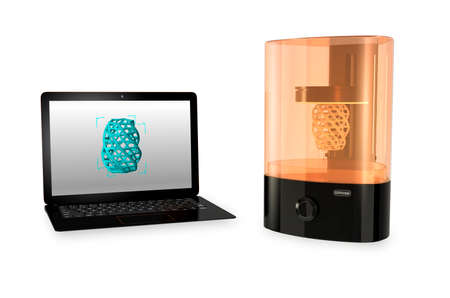 SLA  3D printer and Laptop computer with 3D printing model  on the screen.