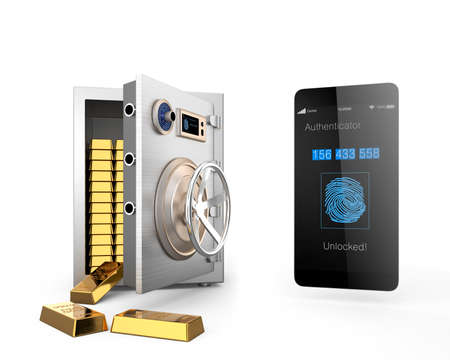 Smart phone authentication app unlocked metal safe and many gold bars in the safe. Clipping path available.の写真素材