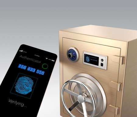 Smart phone authentication app unlock a gold metal safe. Clipping path available.