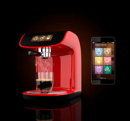 Espresso coffee machine and smart phone. Smart phone's app for coffee make in original design.の写真素材