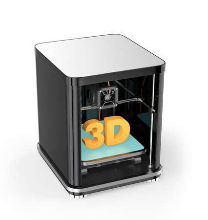 3D printer and solid 3D text inside. Clipping path available.