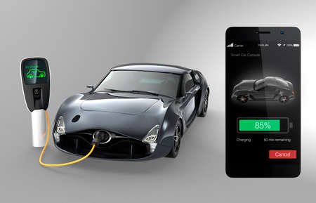 Monitoring electric car charging state by smart phone appの写真素材
