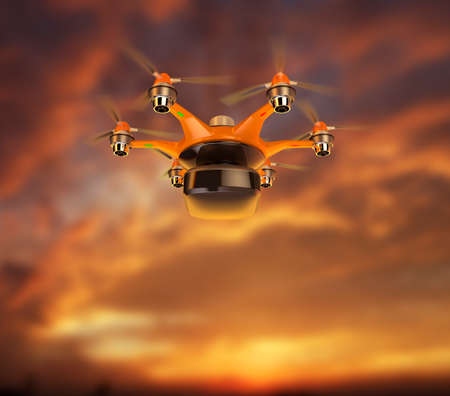 Hexacopter carrying cargo flying in the sunset sky