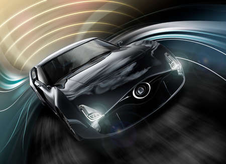 Front view of stylish black sports car with dynamic graphic background. 3D rendering image in original design.の写真素材