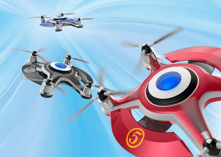 Red racing drones chasing in the sky. Original design.の写真素材