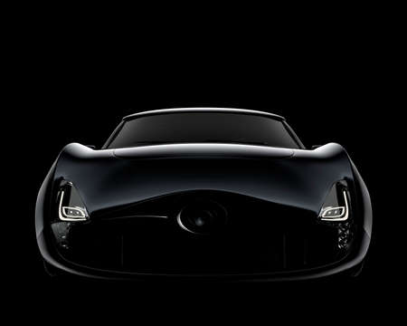 Front view of black sports car isolated on black background. 3D rendering image in original design.