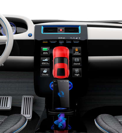 Electric vehicle center console with full size touch panel. 3D rendering image with original design.