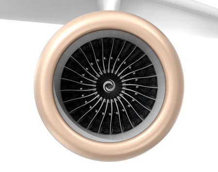 Front view of turbofan jet engine. 3D rendering image with clipping path.