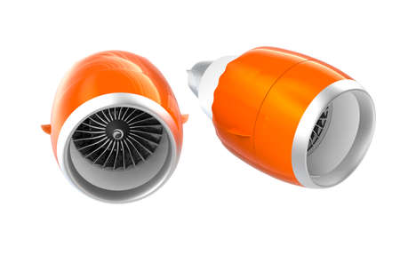 Two Jet turbofan engines with orange cowl isolated on white background.  Clipping path available.