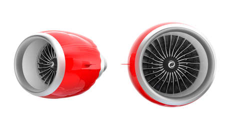 Two Jet turbofan engines with red cowl isolated on white background.  Clipping path available.