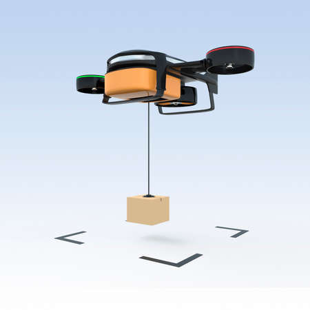 Drone drop down carton to the ground. Fast business delivery concept.
