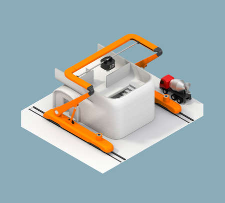 Rear view of industrial 3D printer printing house. Clipping path available.