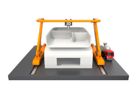 Front view of industrial 3D printer printing house isolated on white background. Clipping path...