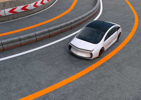 White electric car on highway. 3D rendering image.の写真素材