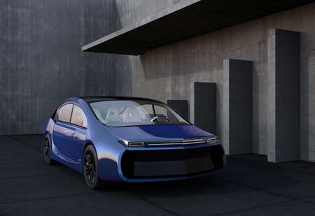 Blue electric car and concrete wall. 3D rendering image.の写真素材