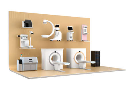 Medical imaging system on light golden color exhibition stage. Concept for medical digital workflow solutionの写真素材