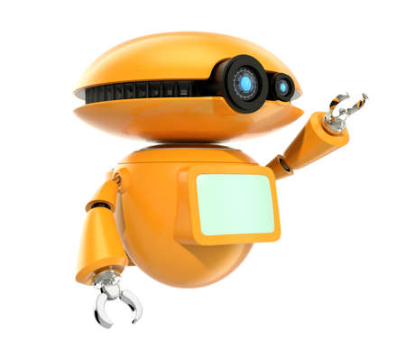 Orange robot shake hand isolated on white background. 3D rendering image with clipping path.の写真素材