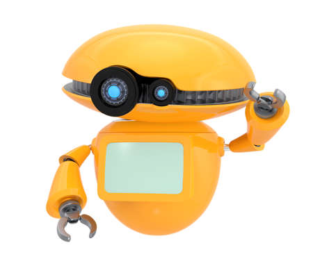 Orange robot shake hand isolated on white background. 3D rendering image with clipping path.の写真素材