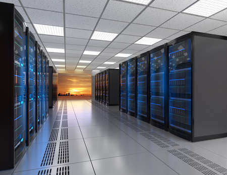 Modern server room interior with sunset scene outside the window. 3D rendering image.の写真素材