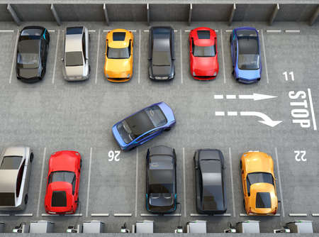 Aerial view of parking lot. Half of parking lot available for EV charging service. 3D rendering...