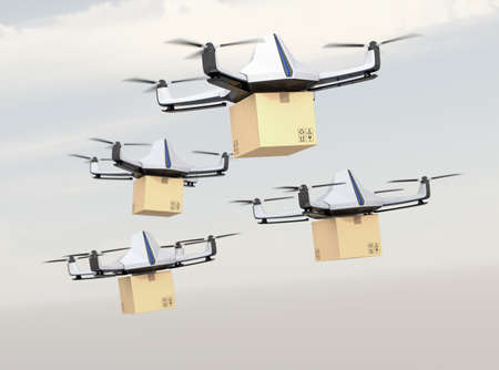 Autonomous unmanned drone delivering cardboard box in the sky. 3D rendering image.の写真素材