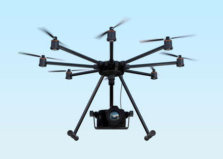 Octocopter with DSLR camera flying in the sky. 3D rendering image.の写真素材