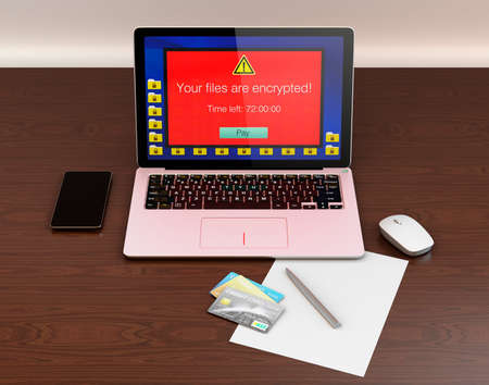 Screen of laptop computer showing alert that the computer was attacked by ransomware. 3D rendering image.の写真素材