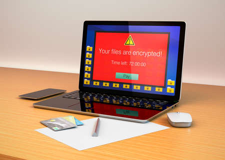 Screen of laptop computer showing alert that the computer was attacked by ransomware. 3D rendering image.の写真素材