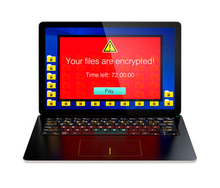 Screen of laptop computer showing alert that the computer was attacked by ransomware. 3D rendering image with clipping path.の写真素材
