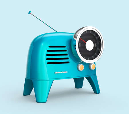 Blue retro style radio isolated on light blue background. 3D rendering imageの写真素材