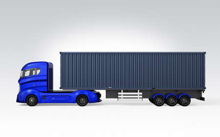 Side view of blue container truck isolated on gray background. 3D rendering image with clipping...