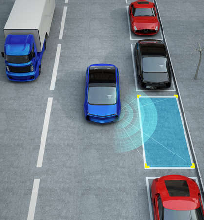 Blue electric car driving into parking lot with parking assist system. 3D rendering image.