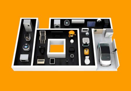 Smart appliances in layout as 'IoT'. Internet of Things concept for consumer products. 3D rendering...